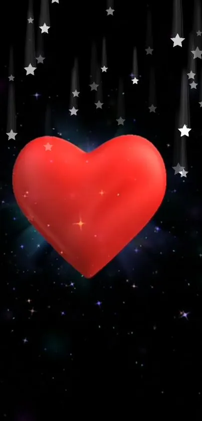 A bright red heart with stars in a galaxy-themed mobile wallpaper.