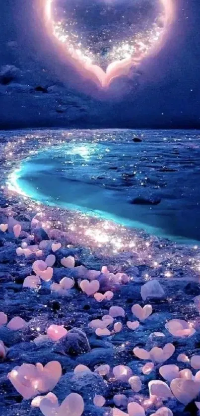 Dreamy heart-shaped galaxy wallpaper with glowing stars and sparkling stones.