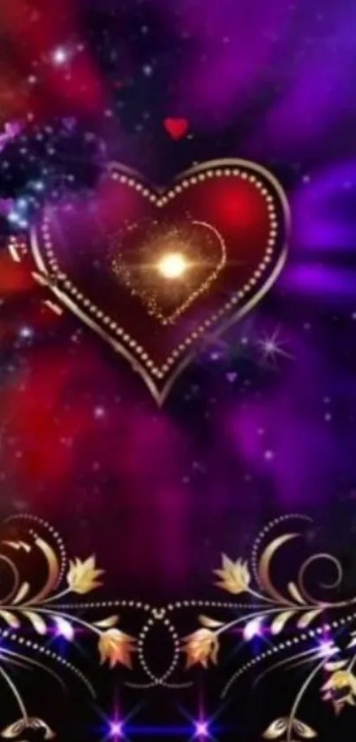 Heart shaped galaxy mobile wallpaper in vibrant purple hues.