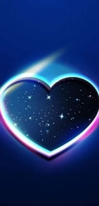 Neon galaxy heart with stars on a blue background wallpaper.