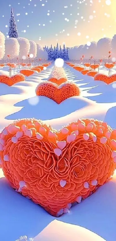 Heart-shaped flowers in snowy landscape wallpaper.