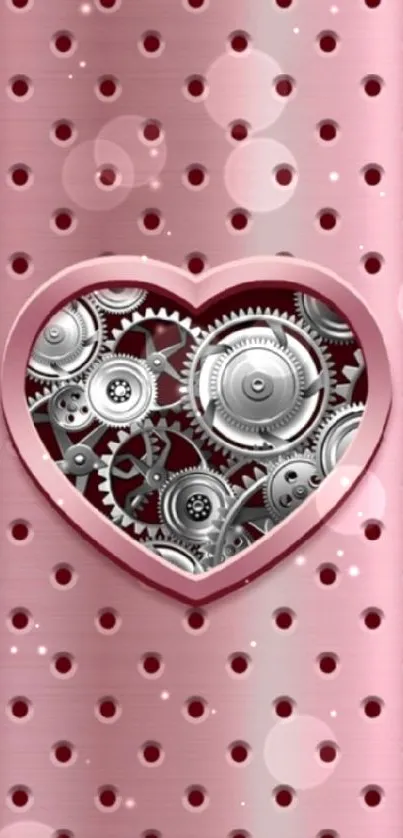 Pink metallic wallpaper with heart gears design.