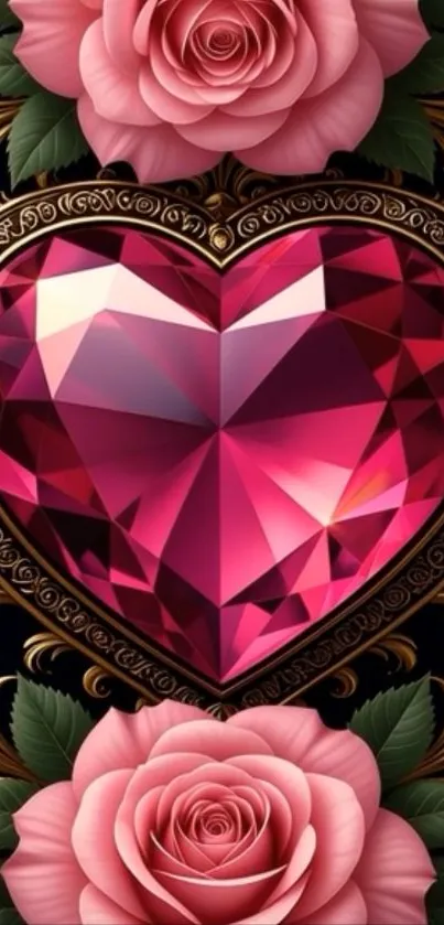 Heart-shaped pink gem with roses and ornate designs.