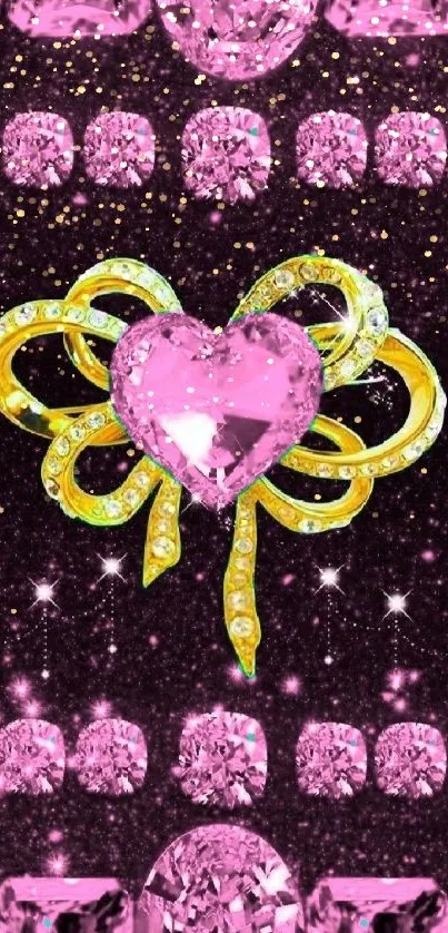 Mobile wallpaper with pink gem and gold bow design.