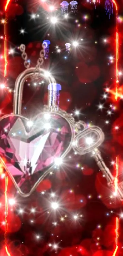 Heart-shaped gem with key on sparkling red background.