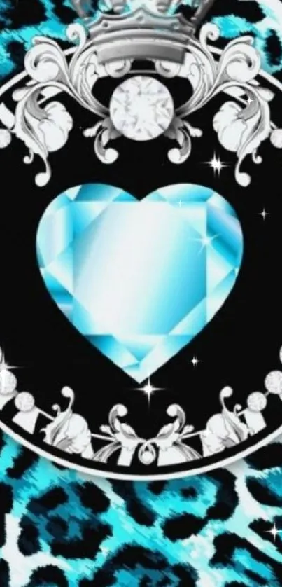 Heart-shaped gem with leopard background and cyan blue accents.