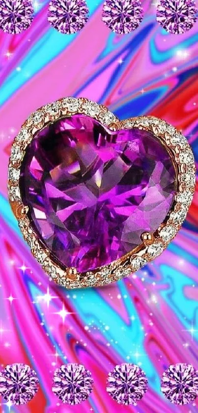 Heart-shaped gemstone on colorful swirl background.