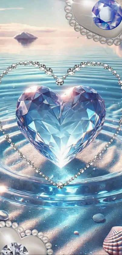 Heart-shaped gemstone on ocean water ripples with a serene backdrop.
