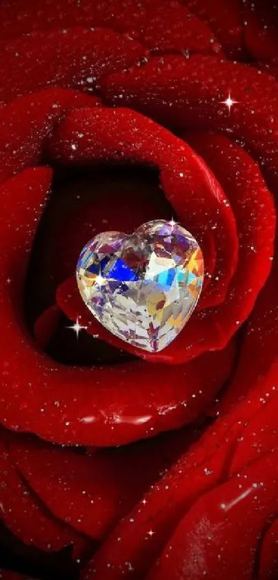 Heart-shaped gem on a vibrant red rose background, sparkling beautifully.