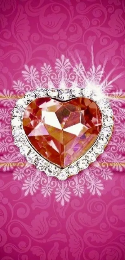 Heart-shaped gemstone on pink floral background.