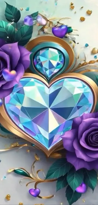 Heart-shaped gem with purple roses wallpaper.