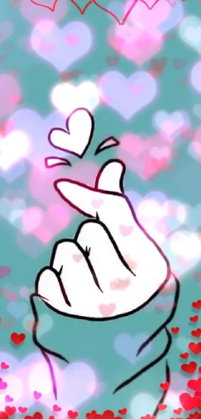 Hand making heart gesture with floating hearts on teal background.