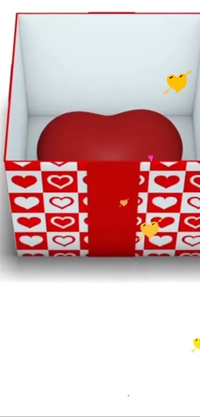 Red heart in a patterned gift box with playful hearts.