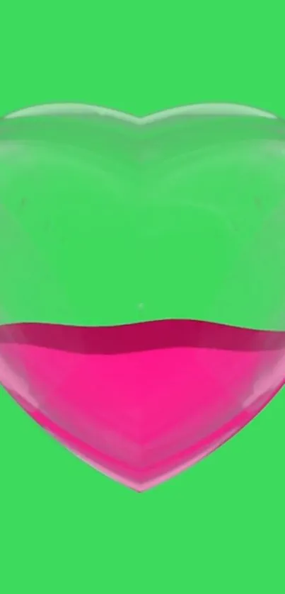 Heart-shaped glass with pink liquid on neon green background wallpaper.