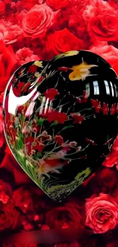 Heart-shaped glass art with vibrant red roses background.