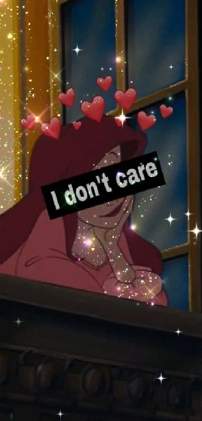 Cartoon character with hearts and glitter, 'I don't care' text overlay.