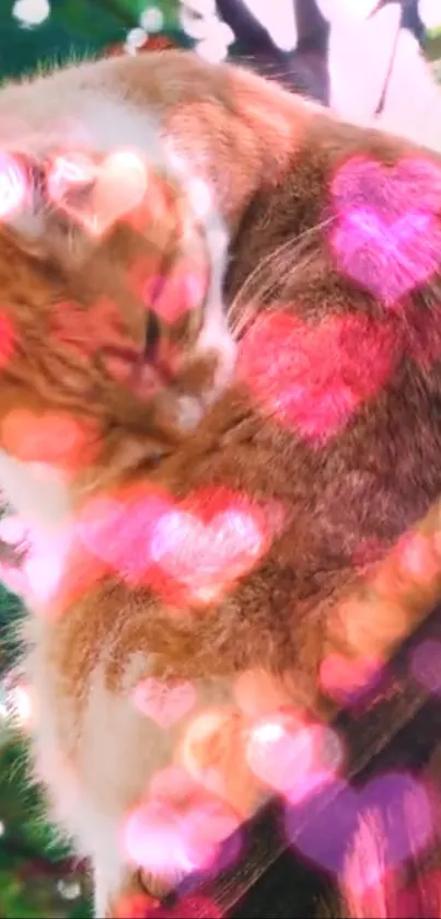 Cute orange cat with heart overlays in a glowing pink wallpaper.