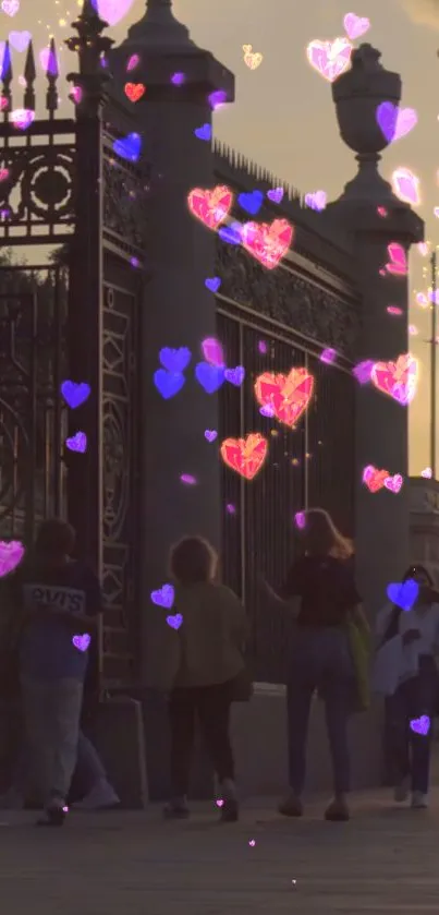 Enchanting evening walk with glowing hearts in cityscape wallpaper.