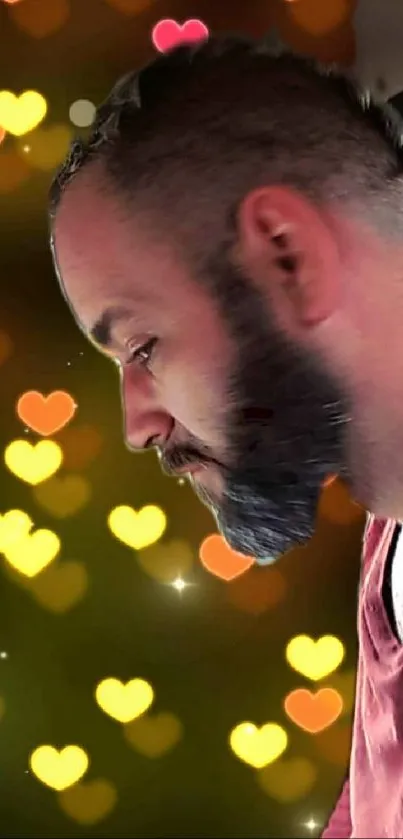 Bearded man with glowing heart bokeh wallpaper.