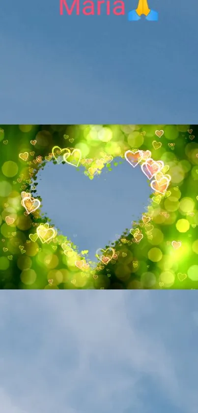 Green and blue bokeh wallpaper with glowing heart shape.