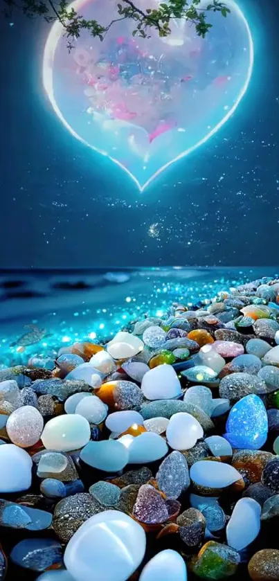 Glowing heart in night sky above pebbly beach.