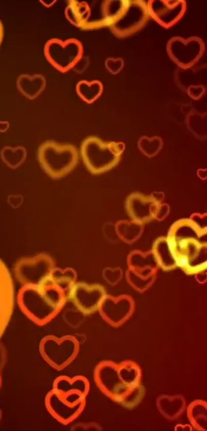 Romantic glowing hearts mobile wallpaper in red and orange hues.