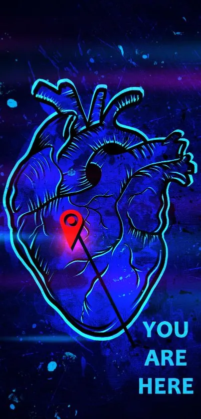 Neon heart with GPS pin in blue tones.