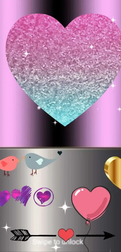 Colorful heart gradient mobile wallpaper with icons.