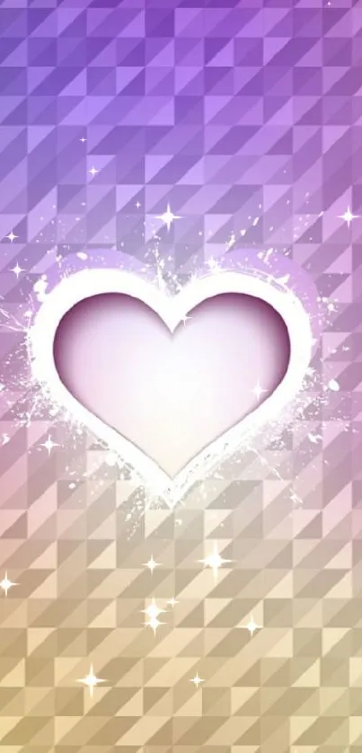 Purple to yellow gradient wallpaper with heart and geometric pattern.