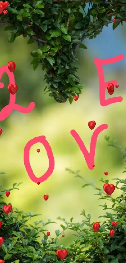 Heart-shaped leaves with 'Love' text in green background.