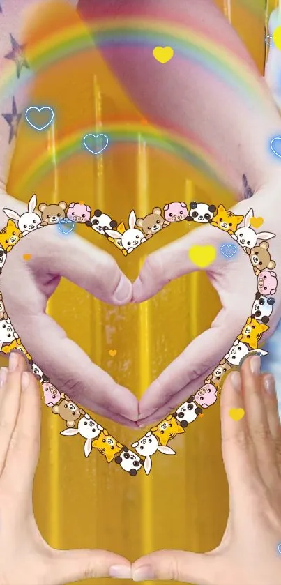 Couple making heart shape against yellow backdrop.