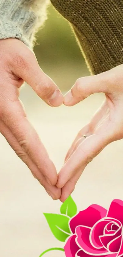 Hands forming a heart with a pink rose on mobile wallpaper.