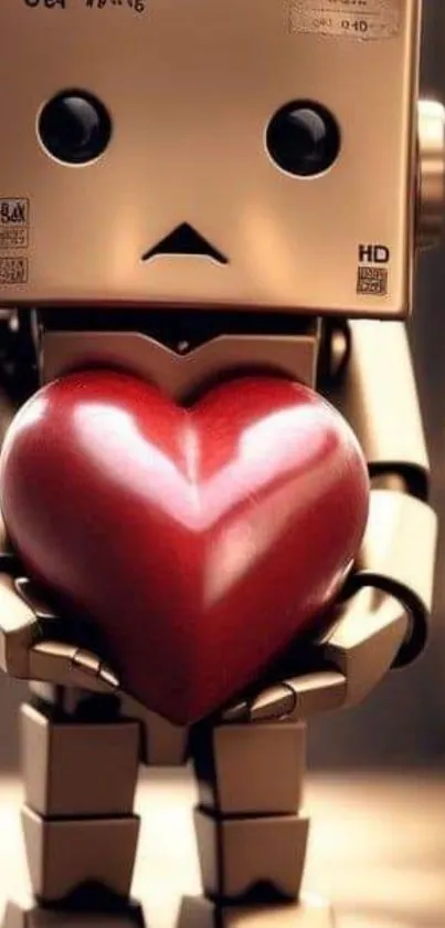 Robot holding a shiny red heart with a gold background.