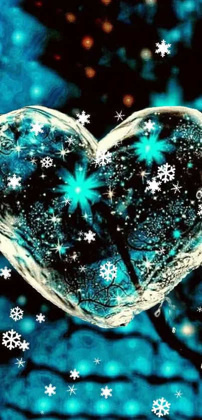 Heart-shaped ice crystal with snowflakes on a teal background.