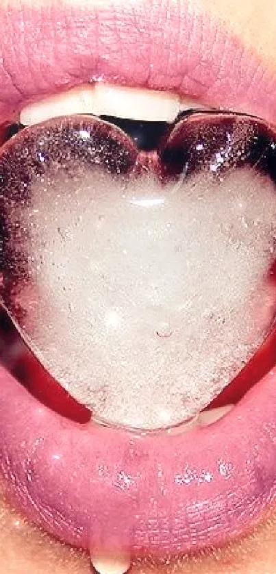 Pink lips hold a heart-shaped ice cube in this chic mobile wallpaper.