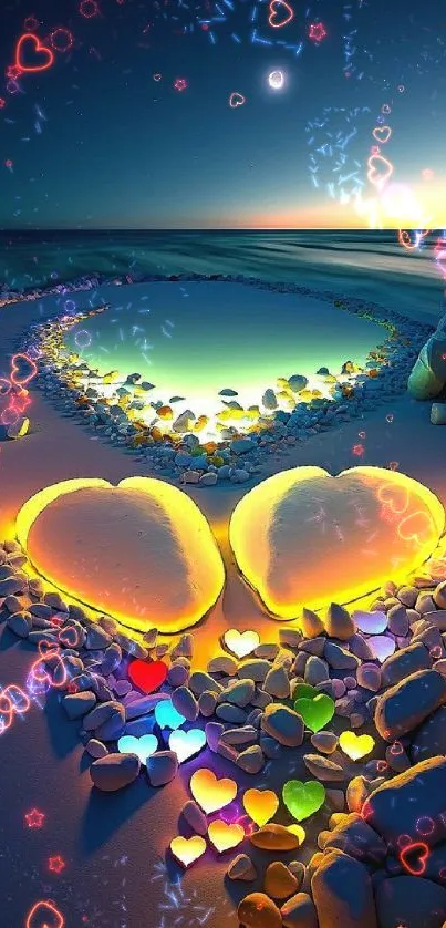 Illuminated heart shapes on a twilight beach surrounded by stones.