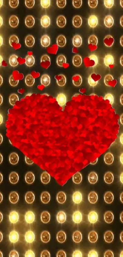 Red heart on a golden LED background wallpaper.