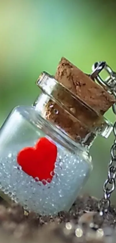 Heart in a bottle with cork and chain detail.