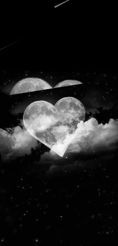 Heart-shaped moon in black starry sky wallpaper.