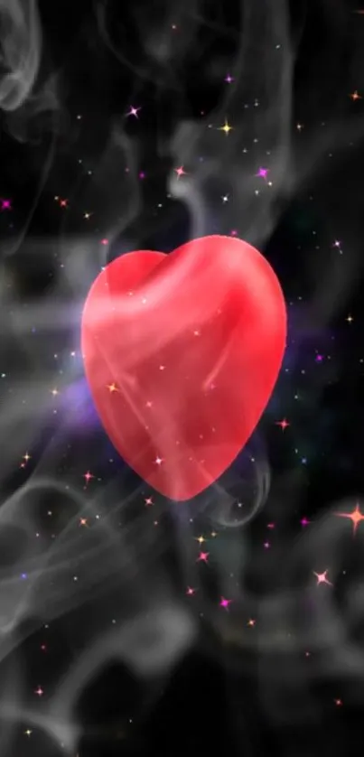 Glowing red heart surrounded by cosmic smoke and twinkling stars.