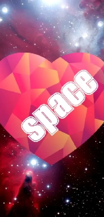 Vibrant geometric heart in space wallpaper with a cosmic background.