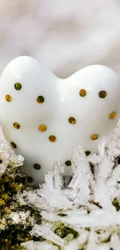 Porcelain heart among frosty ice crystals in nature.