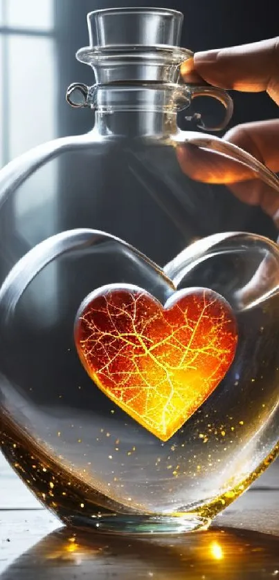 Heart-shaped glass vessel with glowing heart inside.