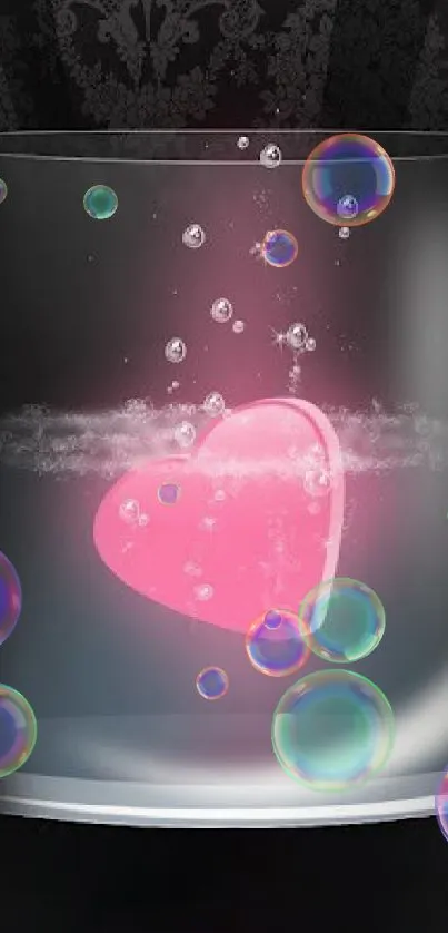 Pink heart encased in a glass sphere with bubbles, on a dark background.