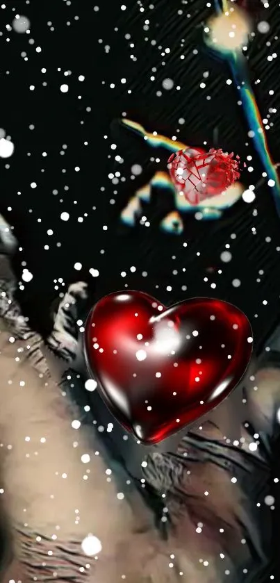 Hand holding a shining red heart on a dark background.