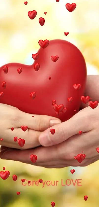 Heart-shaped object held by two hands with a warm background.