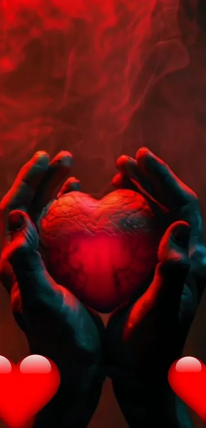 Heart shaped object held by hands in a red misty atmosphere.