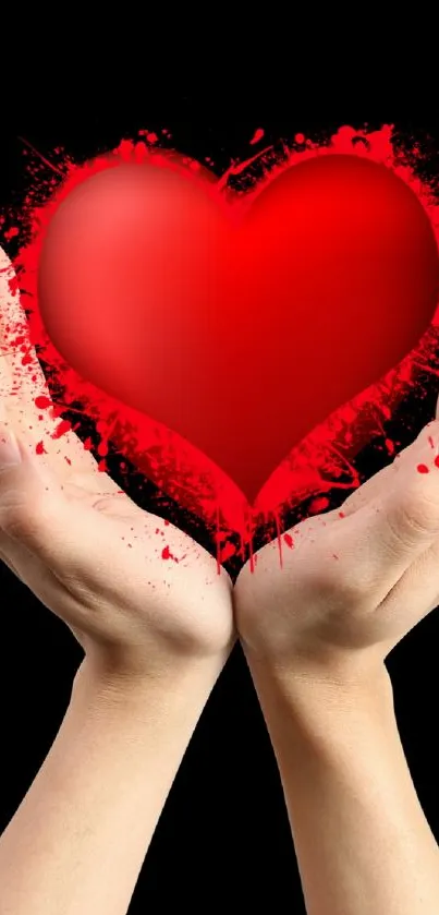 Hands holding a vivid red heart with scattered small hearts.