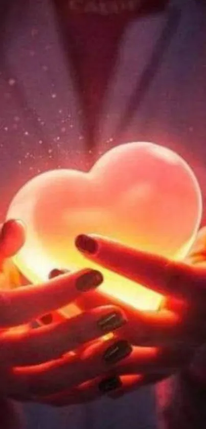 Hands holding a glowing heart with a warm, romantic glow.