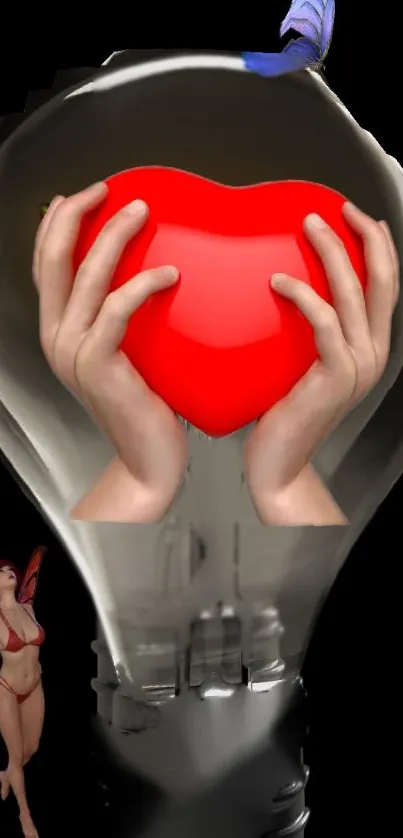 Hands holding red heart inside light bulb with fantasy elements.